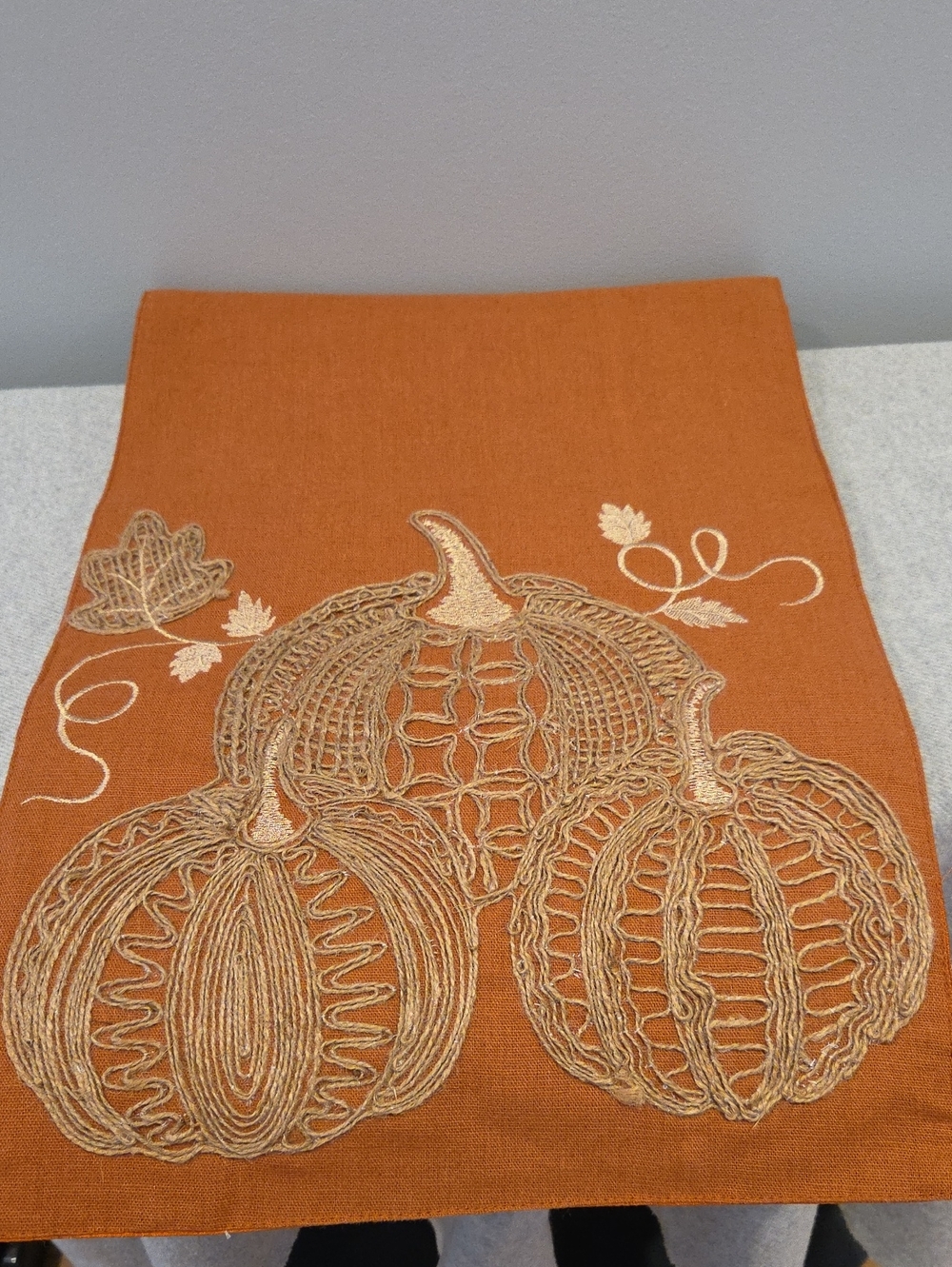 Table Runner Burnt Orange With Burlap Pumpkin Design